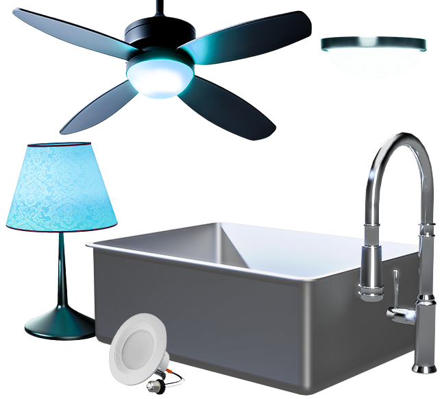 Ceiling fan, kitchen sink, pull-down faucet, recessed lighting, and lamp for modern home upgrades.